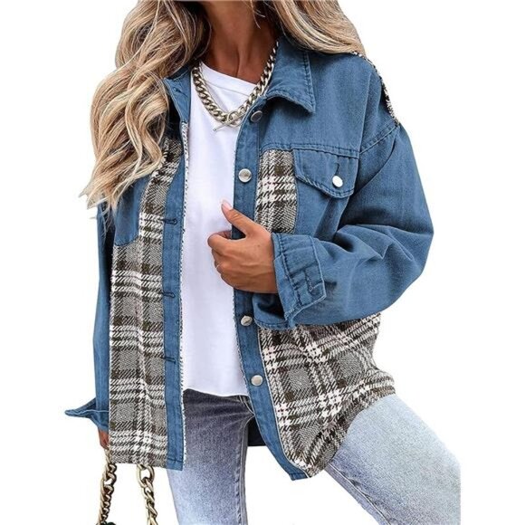 Medium Wash Plaid Printed Patchwork Oversized Denim Jean Shacket Jacket Top - Picture 4 of 5